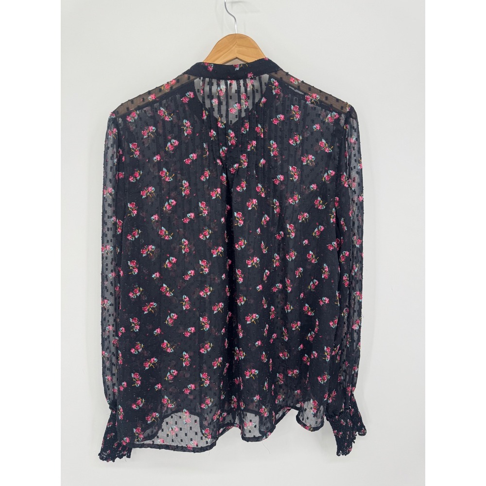 Free People Floral Swiss Dot Blouse Womens L Black Sheer Boho Cottage Romantic - Picture 9 of 11